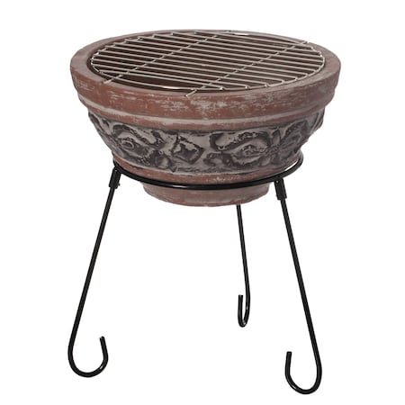 Vintiquewise Outdoor Small Red and Grey Grill Clay Fire Pit and Accent Design and Metal Stand QI004353